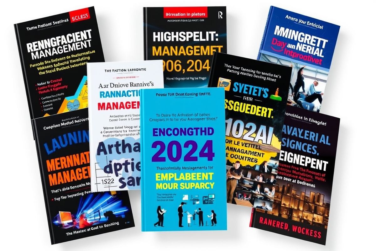 Colagem de capas de livros sobre gestão e liderança.