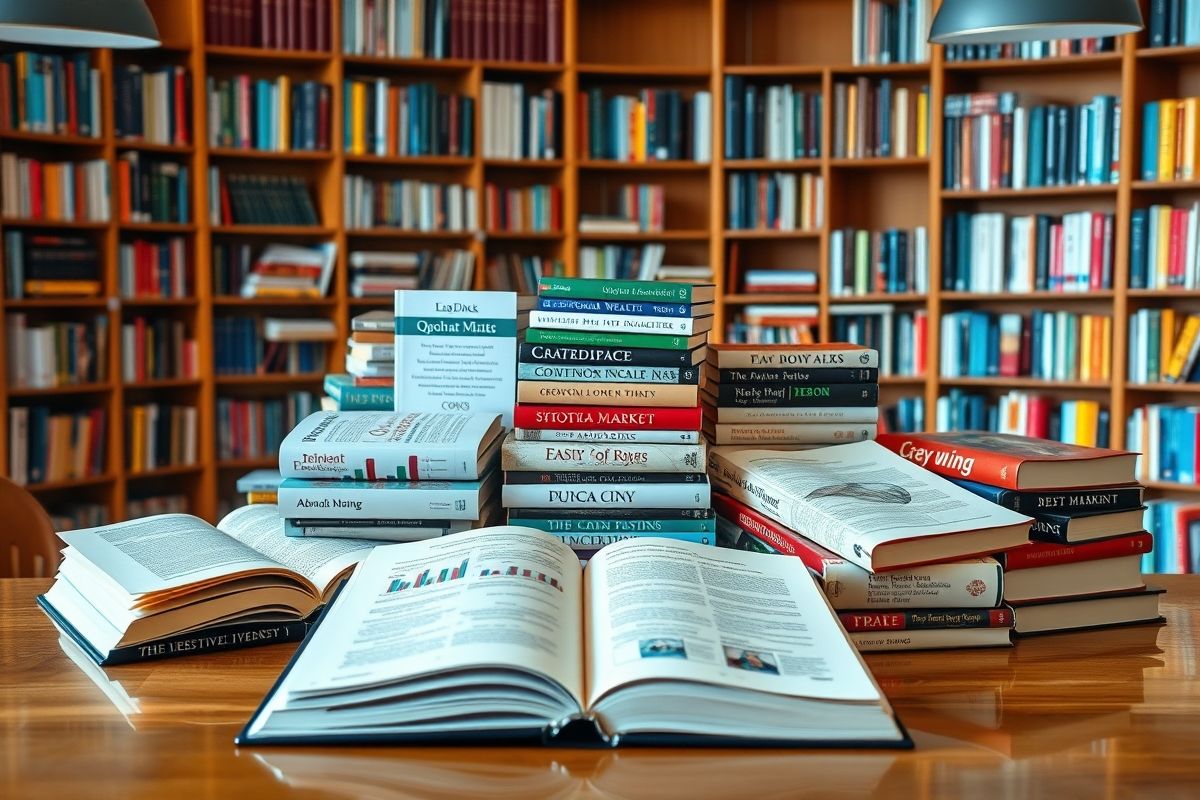 Um canto de leitura aconchegante com pilhas de livros de finanças e luz natural, convidando à leitura.